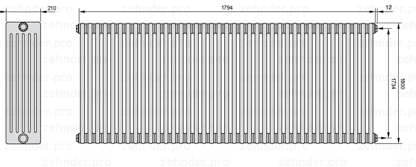 Схема (чертеж) Радиатор Zehnder Charleston 6180/39 №7610 Белый глянцевый RAL 9016